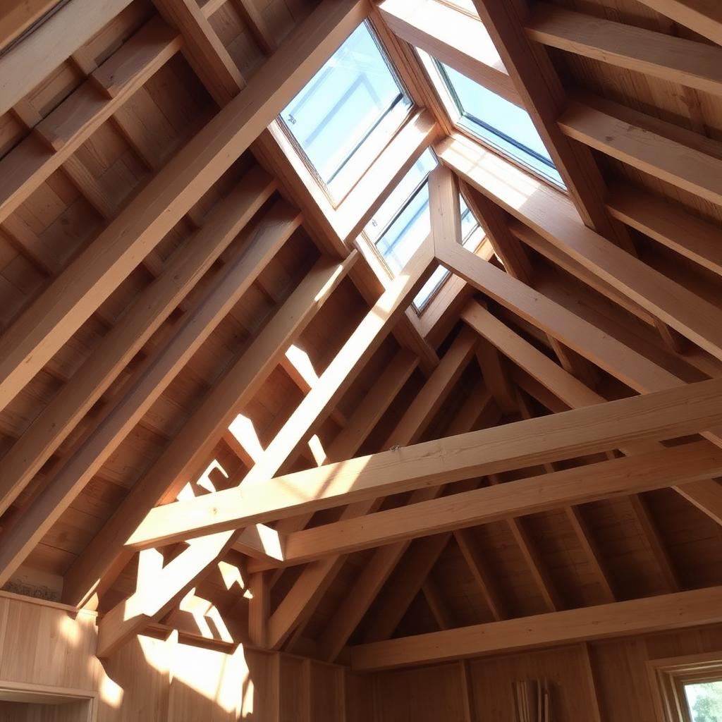 Charpente traditionnelle en bois apparente d'une maison à ossature bois wallonne