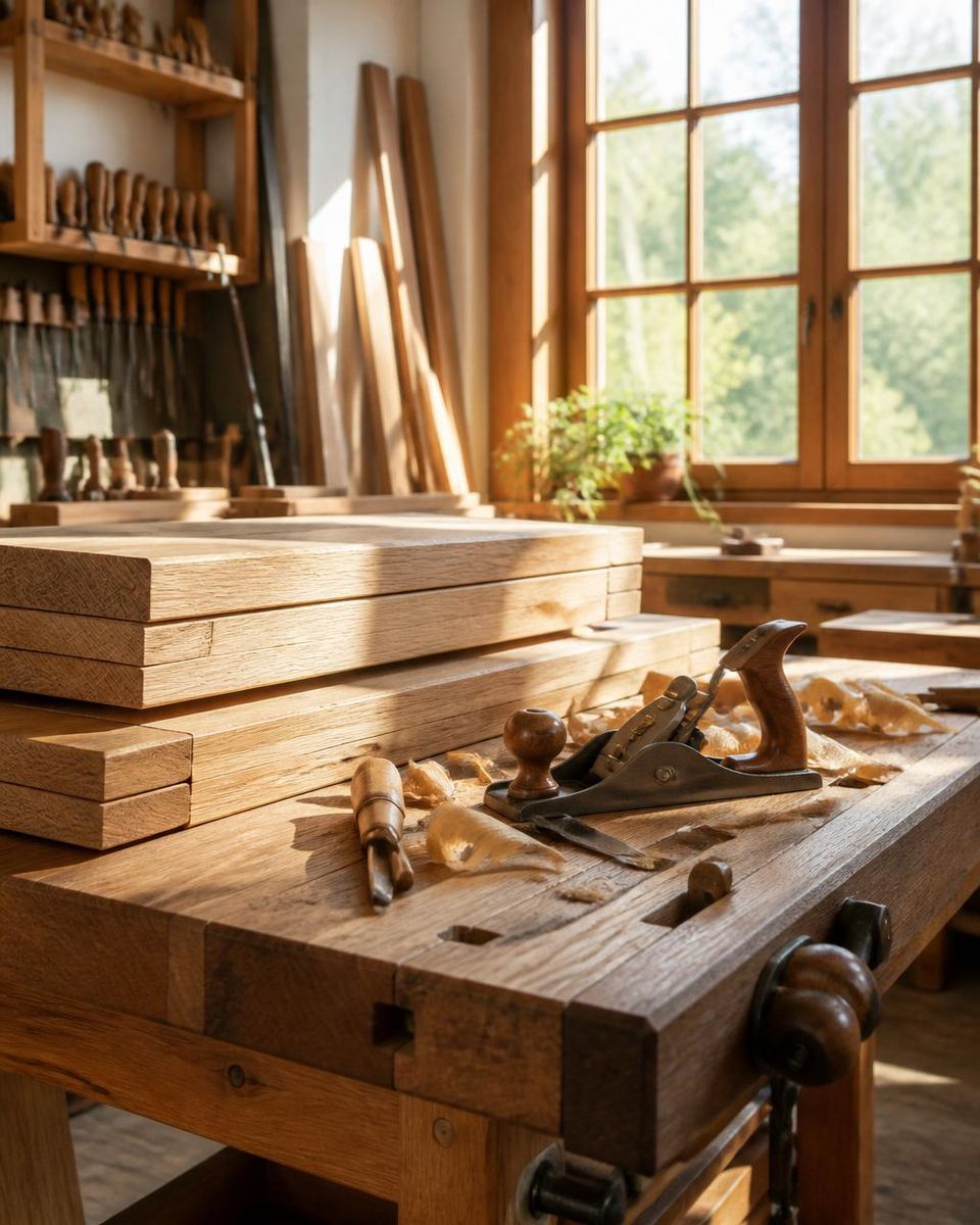 Atelier de menuiserie BDC Construction avec chêne et outils artisanaux